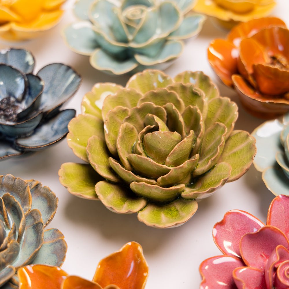 Green peony ceramic flower