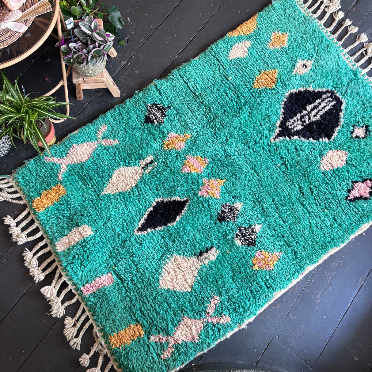 Green Beni Ourain wool rug
