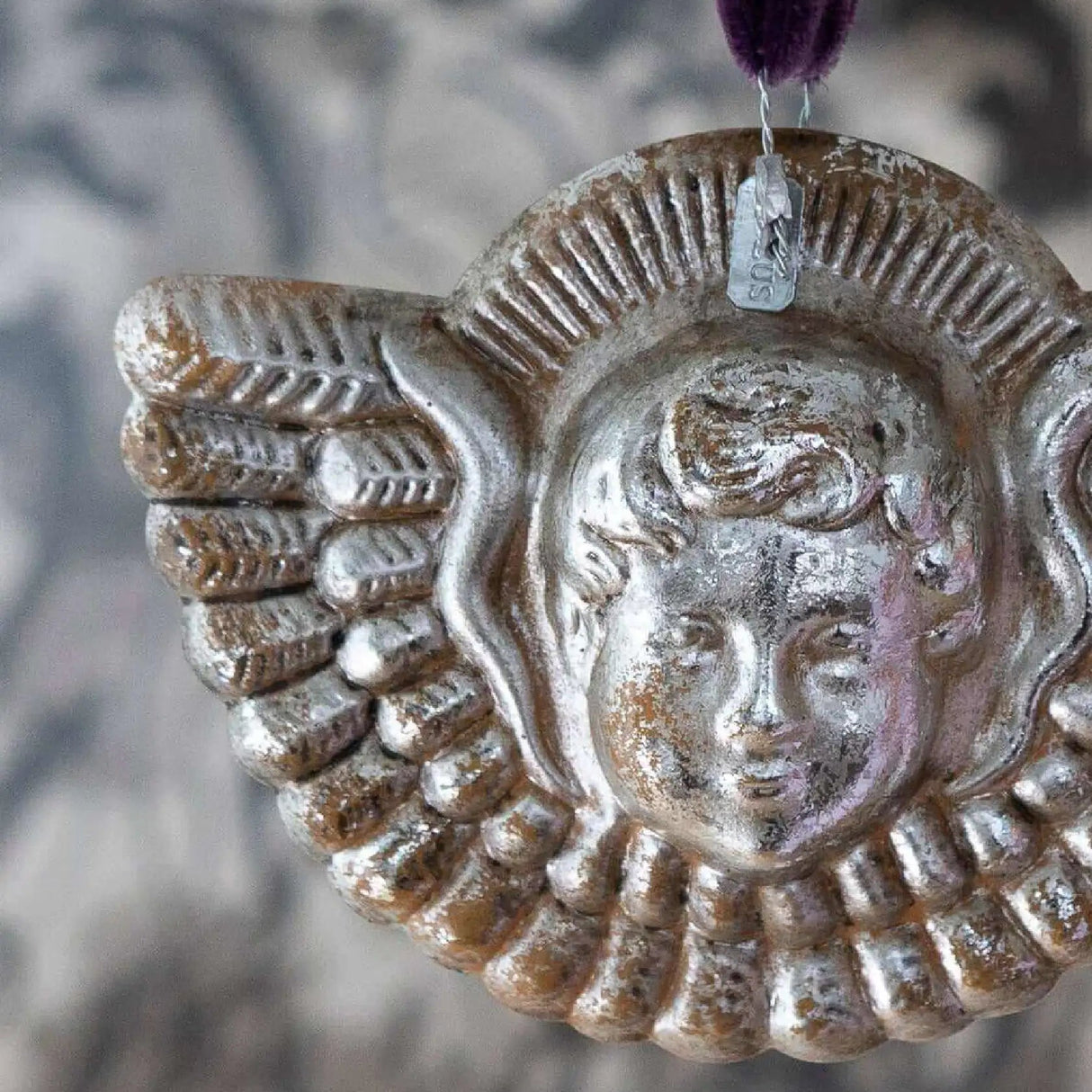 Silvered angel head & wings ornament