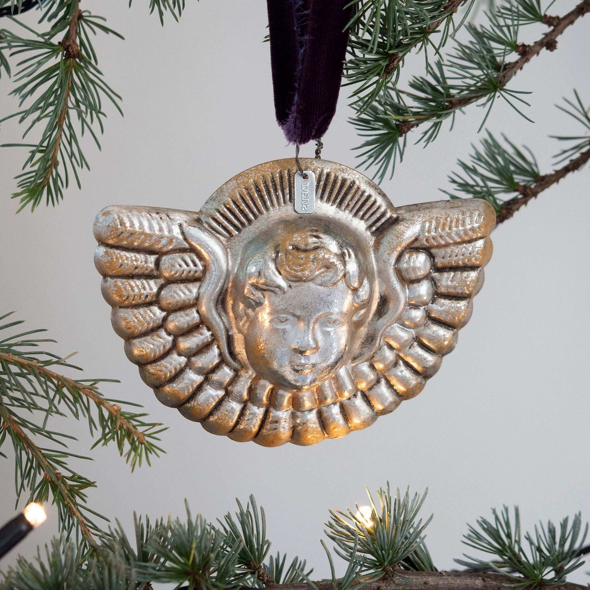 Silvered angel head & wings ornament