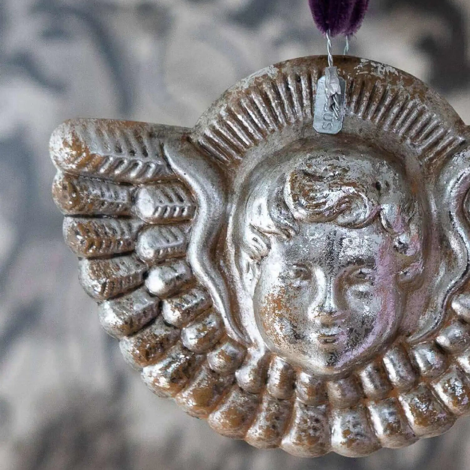 Silvered angel head & wings ornament