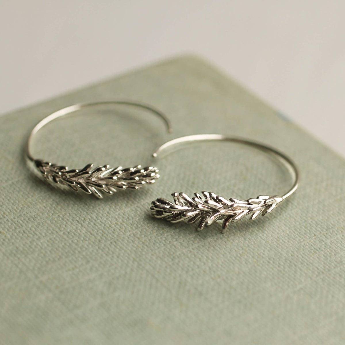 Silver Rosemary Leaf Hoop Earrings
