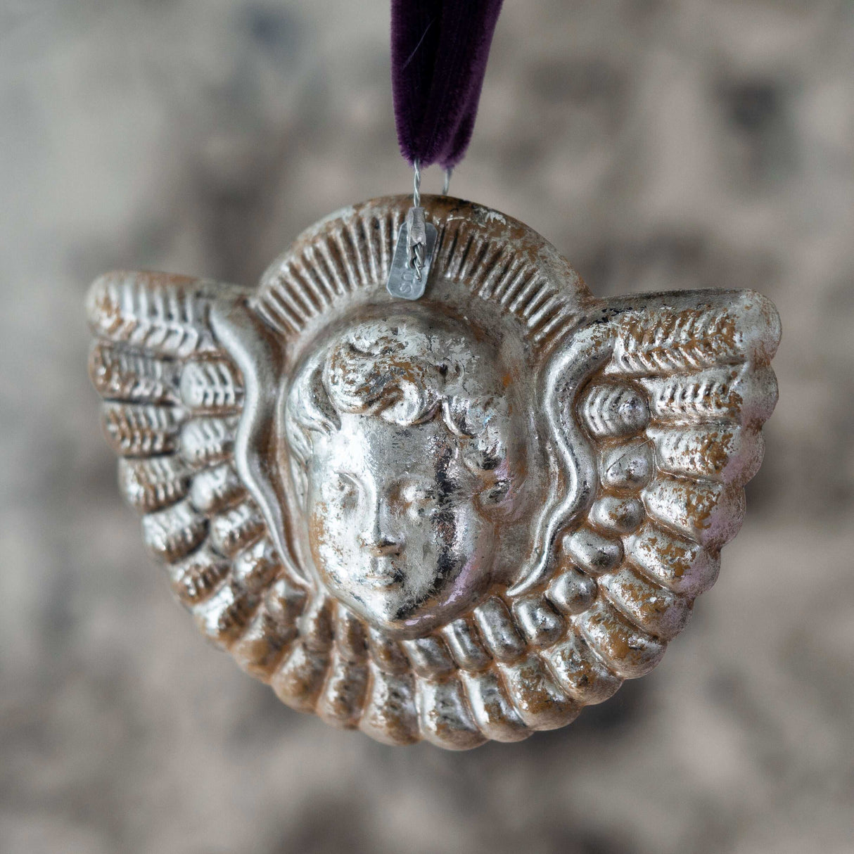Silvered angel head & wings ornament